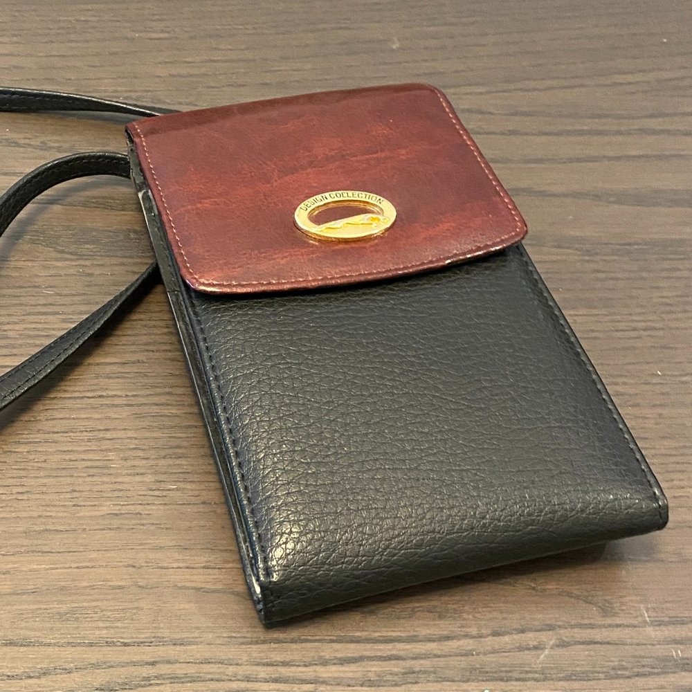 Crossbody Shoulder Bag Purse Black and Brown Wallet Cell Phone Glasses Strap
